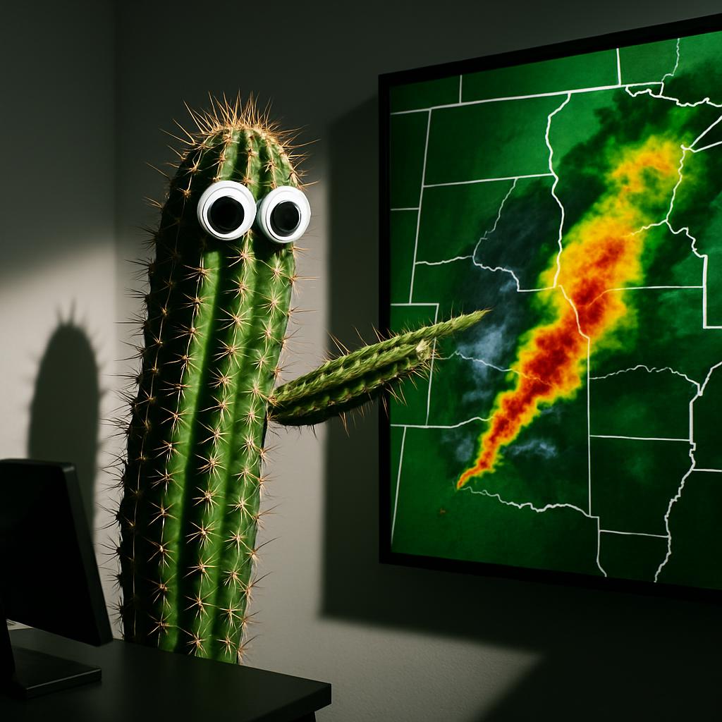 A cactus with googly eyes looking at a weather map, its shadow cast on the wall behind it.