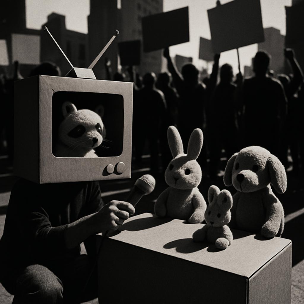 A person sits in a cardboard TV box, holding a microphone and addressing stuffed animal protesters.