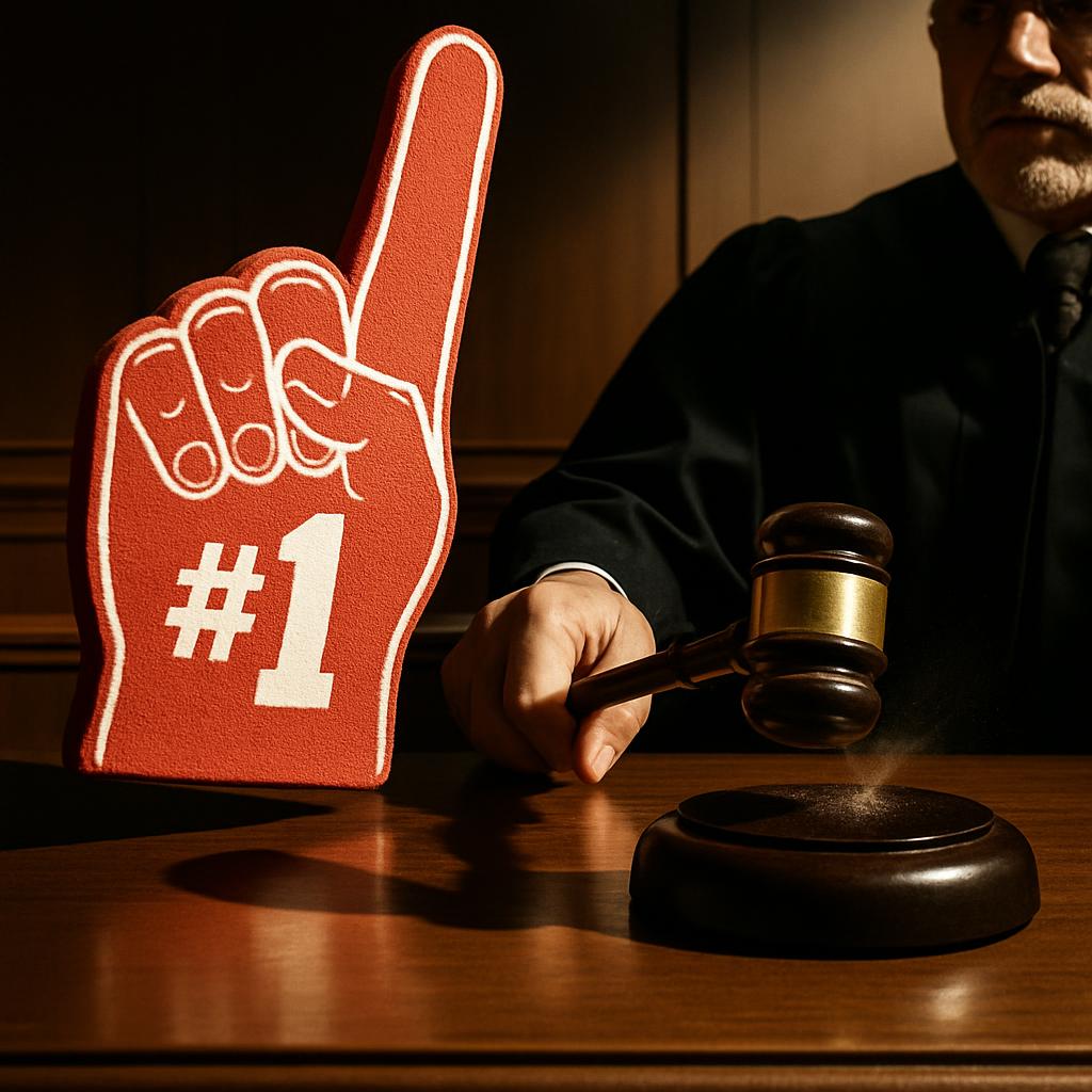 Red foam hand that is numbered #1 being held up by a judge standing beside a gavel. The background looks like a courthouse...